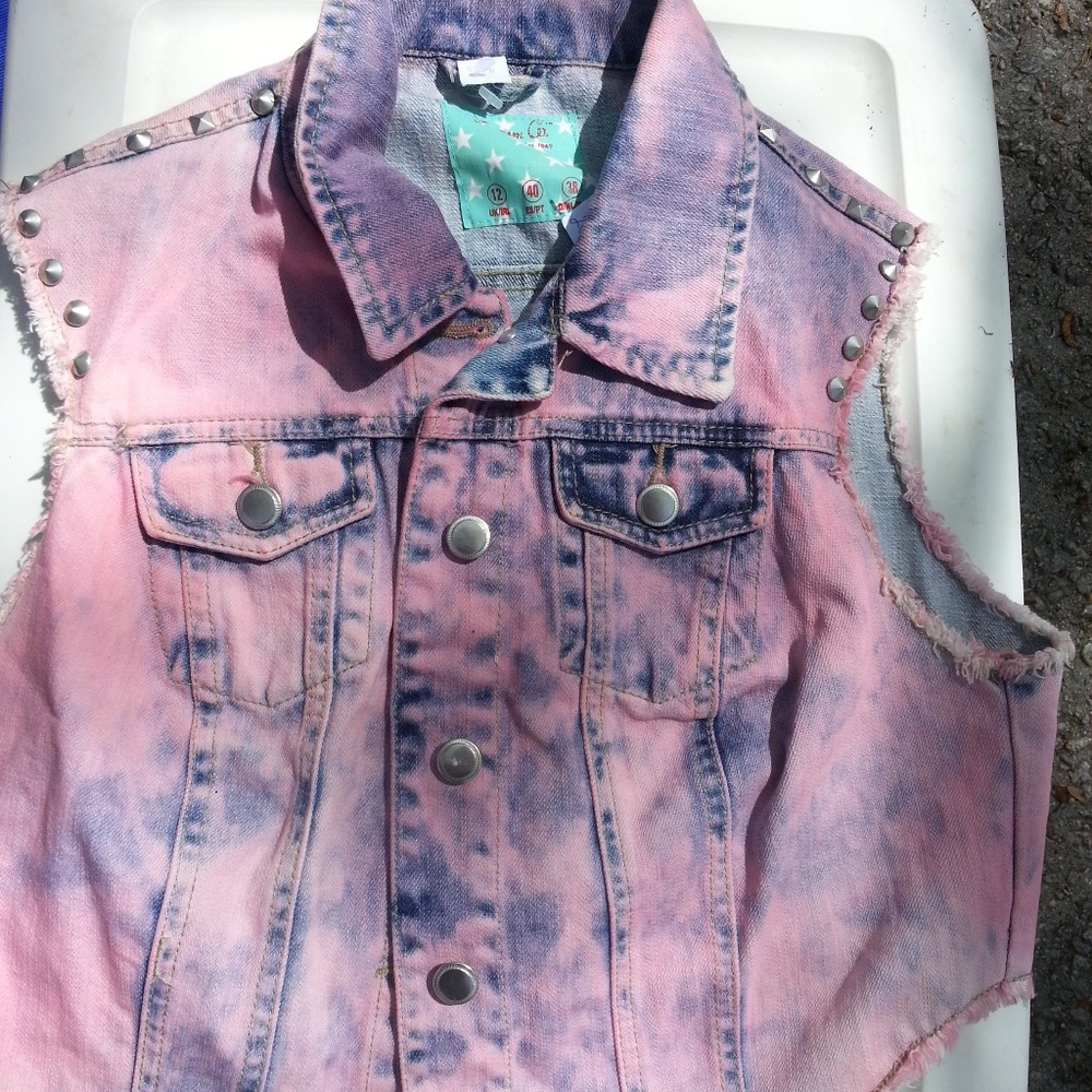 Pink Denim Punk Spiked Motorcycle Vest Med 8